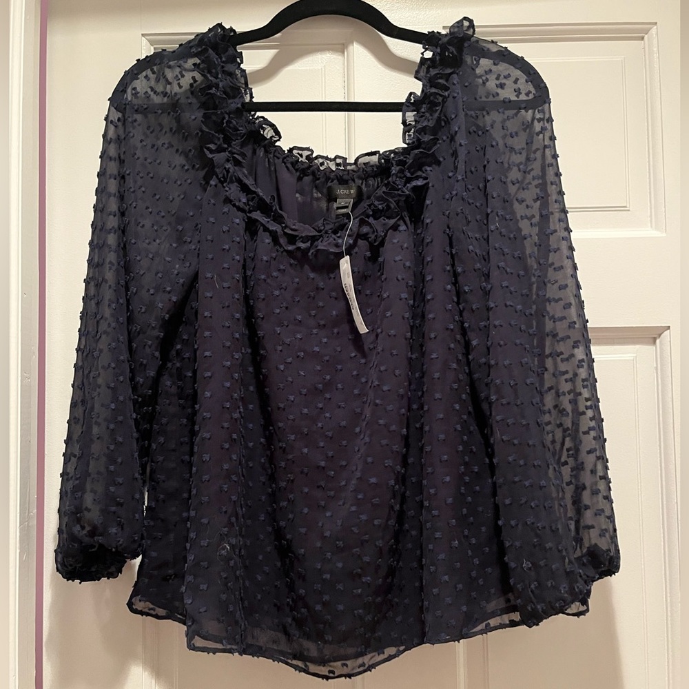 NWT J. Crew Silk Ruffle Penny Top Blouse in Clip Dot Navy Blue